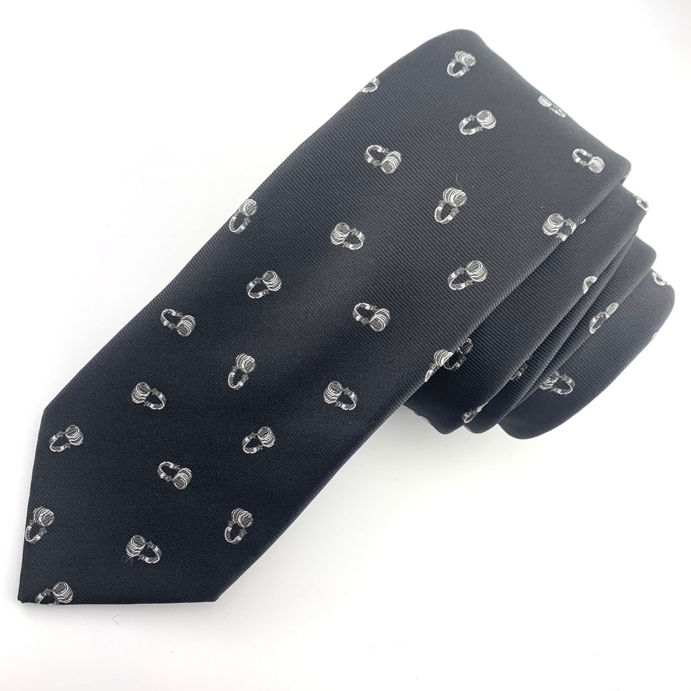 JF Ferrar Mens Tie Black with Silver DJ EDM Headphones Pattern Poly Slim Necktie